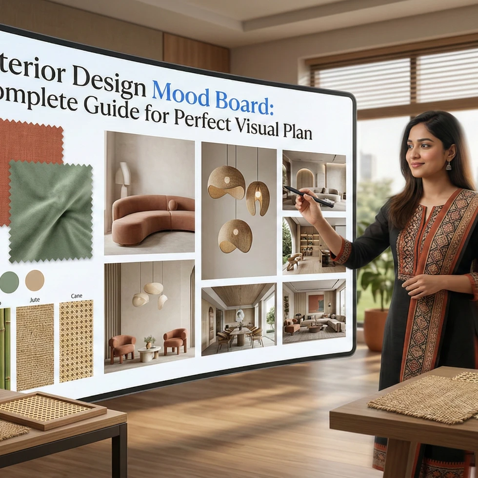 Digital interior design mood board for a Dhaka apartment featuring neutral color palettes, jute textures, and minimalist furniture samples.